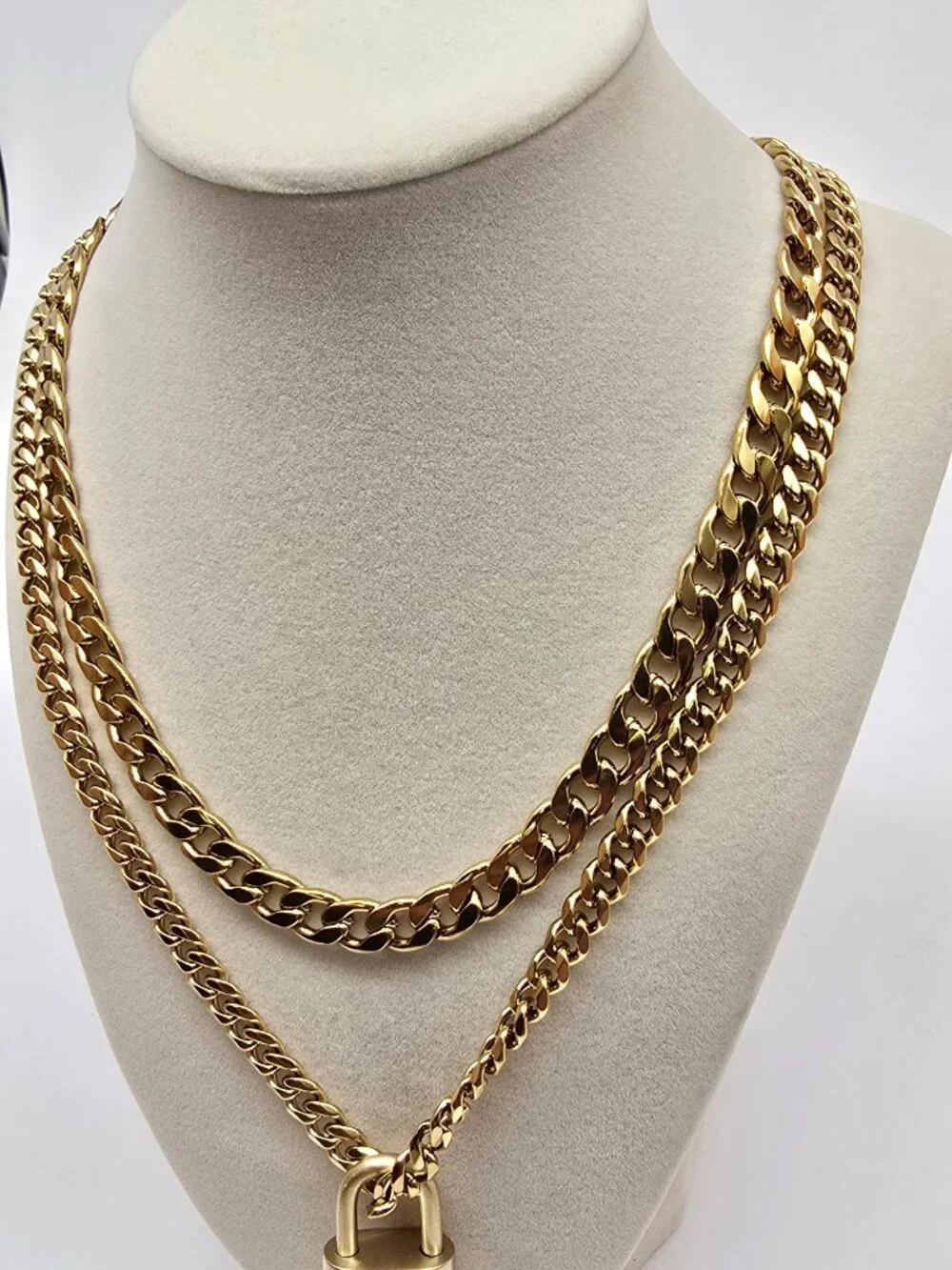Authentic Louis Vuityon Gold Padlock Pendant with Stainless Steel 2 Cuban Style